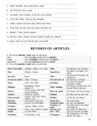 18
…………………………………………………………………………………….........
3. Father/ mechanic/ and/ work/ factory/ suburb.
……………………………………………………………………………………………
4. He/ work/ five/ days/ a week.
…………………………………………………………………………………………
5. He usually/ work/ morning/ so he/ free/ every morning.
……………………………………………………………………………………………
6. In free time/ father/ often go/ play badminton.
……………………………………………………………………………………………
7. mother/ teacher/ and teach/ math/ school/ near/ house.
……………………………………………………………………………………………
8. So he/ have/ lot/ time/ take care/ house/ and /look/ me.
……………………………………………………………………………………………
9. Brother/ 17 years/ and /he/ grade 6.
……………………………………………………………………………………………
10. He/ love/ collect /stamps/ and have/ hundred/ stamps/ his collection.
……………………………………………………………………………………………
11. please write/ me soon/ and tell/ more/ your/ family.
……………………………………………………………………………………………
REVISION ON ARTICLES
A. We use the indefinite article when we talk about:
jobs He is an artist and his wife is a plumber.
beliefs He is a Buddhist and his wife is an atheist.
nationalities He is an American and she is a Swede.
B. We use the indefinite article when we talk about:
Parts of day/night midnight, midday, noon, night Ships the Bismarck, the Lusitanian
Days Monday, Tuesday Superlatives
the highest, the biggest, the
oldest
Festivals Easter Titles
the Queen, the President, the
chairperson
Seasons & months Winter, February The university of the university of Florida
Years 1961, 1995, 2000 Inventions
the wheel, the internal
combustion engine
Buildings
Buckingham Palace,
number 10
Public buildings
the Sheraton, the Red Lion, the
Natural History Museum
Streets
Acacia Avenue, Pall Mall,
Sunset Boulevard
Rivers & canals the Thames, the Nile, the Suez
Airports Heathrow, Gatwick Ordinals the third man, the sixth wife
Cities & towns
London, New York, Tokyo,
Sydney, Cairo
Families the Browns, the Bushes
One lake Lake Geneva, Lake Erie Many lakes The Great Lakes
Mountains Everest, K2, Mont Blanc Mountain chains the Alps, the Highlands
Countries America, Britain, Arabia
Countries of
union
the United States, the United
Arab Emirates
Continents Africa, Asia, America, Europe Oceans, seas the Pacific, the Black Sea
People Joe, Mrs Smith The + ADJ The poor, the rich, the blind
Magazines Cosmopolitan, Time Newspapers
The Independent, The Daily
Mirror, The Times
 