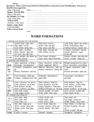 6
When……………………………………………………………………………?
Question V. Write a letter to your friend inviting him/her to take part in your birthday party. You can use
the following suggestions.
- Date of the party:
Sunday, May the fifth
- Place of the party:
80/ 1Hamlet, La Vang
- Time of the party:
7 PM to 8 PM
- Activities at the party:
Games, songs, dance
- Food and drinks:
Cakes, sweets, Pepsi
Dear.........………,
…………........................…………………………………………………………...
…………........................…………………………………………………………...
…………........................…………………………………………………………...
…………........................…………………………………………………………...
…………........................…………………………………………………………...
…………........................…………………………………………………………...
…………........................…………………………………………………………...
…………........................…………………………………………………………...
…………........................…………………………………………………………...
Love,
WORD FORMATIONS
I. THÀNH LẬP DANH TỪ CHỈ NGƯỜI
V - er
Teach/Teacher (giáo viên)
Sing/ singer (ca sỹ)
Farm/ farmer (nông dân)
Drive/driver (tài xế)
Write/ writer (tác giả)
Play/ player (cầu thủ)
Lend/ lender (người cho mượn)
Work/ worker(công nhân)
Employ/employer (người chủ)
V- or
N- or
Visit/ visitor: du khách
Direct/ director: giám đốc
Act/ actor: nam diẽn viên
Edit/ editor: biên tập viên
Debt /debtor: con nợ
Compete/ competitor: đấu thủ
Instruct/ instructor: người
hướng dẫn
V- ist
Novel/ novelist: tiểu thuyết gia
Art/ artist: hoạ sỹ
Tour/ tourist: du khách
Type/ typist: người đánh máy
Science/ scientist: nhà khoa học
Social / socialist: Đảng viên
II. THÀNH LẬP DANH TỪ
V-
ment
Agree/ agreement: sự đồng ý
Encourage/ encouragement
Enjoy/ enjoyment: sự thích thú
Equip/ equipment: thiết bị
Manage/management:sự quản lí
Move/ movement; sự di chuyển
V-
tion
(Sự
...)
Participate/ participation: tham
gia
Destroy /destruction: phá huỷ
Illustrate/ illustration: minh hoạ
Instruct/ instruction: hướng dẫn
Compete/ competition: chiến
tranh
Prevent/ prevention: ngăn cản
V-
ation
(Sự ...)
Form/ formation: thành lập
Combine/ combination:kết hợp
Determine/ determination:
quyết định
Concentrate/ concentration
tập trung
V-
ness
(Sự ...)
Clean/ Cleanness: Sự sạch sẽ
Clear/ clearness: sự rõ ràng
Deaf/ deafness: tật điếc
Weak/ weakness: yếu điểm
Dark/ darkness: bóng tối
Great/ greatness: sự to lớn
Happy/ happiness: Hạnh phúc
Willing/willingness:sự sẳn lòng
Kind/ kindness: lòng tốt
Lazy/ laziness: sự lười biếng
Sad/ sadness: nỗi buồn
Ready/ readiness: sự sẳn sàng
ADJ-
th
True/ truth: sự thật
Long/ length; độ dài
Strong/ strength: sức mạnh
Wide/ width: chiều rộng
Grow/ growth: sự phát triển
Deep/ depth: độ sâu
III. THÀNH LẬP TÍNH TỪ
N- y
(có ...)
Sun/ sunny: nắng
Rain/ rainy: mưa
Sand/ sandy: cát
Cloud/ cloudy: mây
Wind/ windy : gió
Snow/ snowy: tuyết
Dust/ dusty: bụi
Fog/ foggy: sương mù
Health/ healthy: khoẻ mạnh
N- ly
(có vẻ,
hàng)
Day/ daily: hàng ng ày
Week / weekly: hàng tuần
Month; yearly: hàng thág
/năm
Love/ lovely: đáng yêu
Leisure/ leisurely: thoải mái
Friend/ friendly: thân thiện
Man/ Manly: có vẻ đàn ông
Brother/ brotherly: tình anh
em
World/ worldly: thế gian
N-ful/ Careful / Careless: Harmful / harmless Thoughtful / thoughtless
 