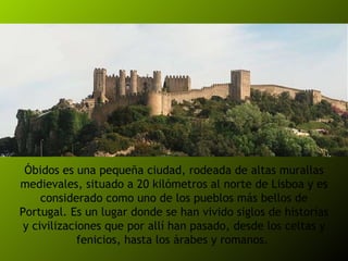 Óbidos es una pequeña ciudad, rodeada de altas murallas medievales, situado a 20 kilómetros al norte de Lisboa y es considerado como uno de los pueblos más bellos de Portugal. Es un lugar donde se han vivido siglos de historias y civilizaciones que por allí han pasado, desde los celtas y fenicios, hasta los árabes y romanos.  
