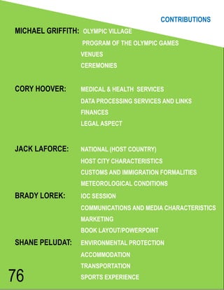 CONTRIBUTIONS
MICHAEL GRIFFITH: OLYMPIC VILLAGE
                  PROGRAM OF THE OLYMPIC GAMES
                  VENUES
                  CEREMONIES


CORY HOOVER:      MEDICAL & HEALTH SERVICES
                  DATA PROCESSING SERVICES AND LINKS
                  FINANCES
                  LEGAL ASPECT


JACK LAFORCE:     NATIONAL (HOST COUNTRY)
                  HOST CITY CHARACTERISTICS
                  CUSTOMS AND IMMIGRATION FORMALITIES
                  METEOROLOGICAL CONDITIONS
BRADY LOREK:      IOC SESSION
                  COMMUNICATIONS AND MEDIA CHARACTERISTICS
                  MARKETING
                  BOOK LAYOUT/POWERPOINT
SHANE PELUDAT:    ENVIRONMENTAL PROTECTION
                  ACCOMMODATION
                  TRANSPORTATION

76                SPORTS EXPERIENCE
 