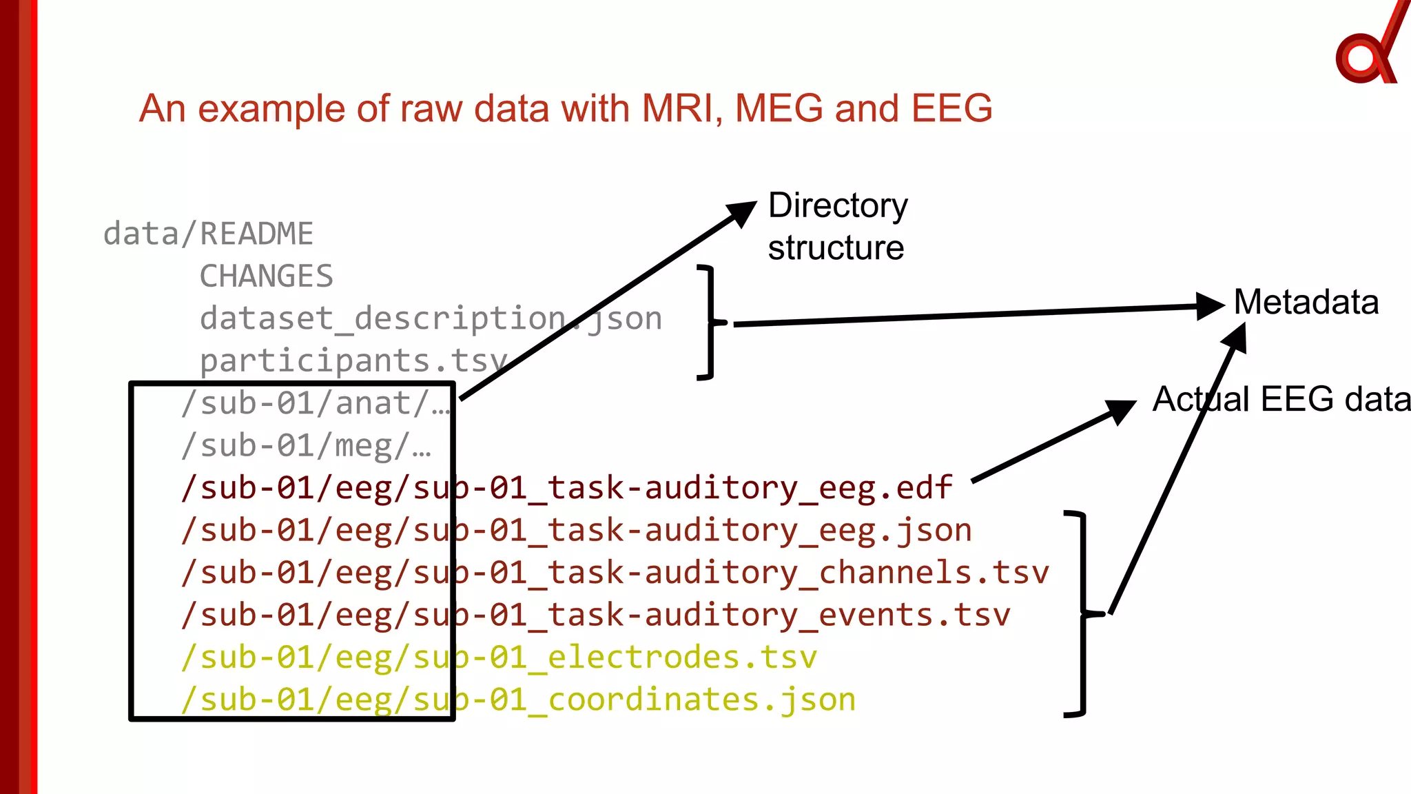 An example of raw data with MRI, MEG and EEG
data/README
CHANGES
dataset_description.json
participants.tsv
/sub-01/anat/…
/sub-01/meg/…
/sub-01/eeg/sub-01_task-auditory_eeg.edf
/sub-01/eeg/sub-01_task-auditory_eeg.json
/sub-01/eeg/sub-01_task-auditory_channels.tsv
/sub-01/eeg/sub-01_task-auditory_events.tsv
/sub-01/eeg/sub-01_electrodes.tsv
/sub-01/eeg/sub-01_coordinates.json
Actual EEG data
Directory
structure
Metadata
 