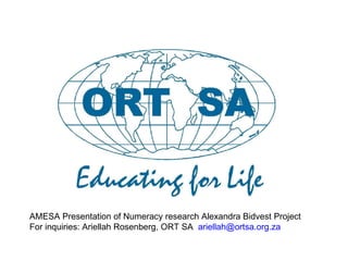 AMESA Presentation of Numeracy research Alexandra Bidvest Project For inquiries: Ariellah Rosenberg, ORT SA  [email_address]   