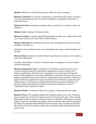 4
Business Area The set of business processes within the scope of a project.
Business Constraint Any external, management, or other factor that restricts a business
or system development in terms of resource availability, dependencies, timescales, or
some other factor.
Business Function Something an enterprise does, or needs to do, in order to achieve its
objectives.
Business Goal A statement of business intent.
Business Location A uniquely identifiable geographic location, site, or place from which
one or more business units may wholly or partly operate.
Business Meta data The information whereby users can understand and access the data
warehouse. It focuses on
what data is in the warehouse, how it was transformed, the source, and the timeliness of
the data.
Business Object A physical or logical object of significance to a business; for example, a
sales order, department,
assembly, item, balance, or invoice. A business object is analogous to a class in object-
oriented terminology.
Business Organization Type A classification of a business organization into one of
several functional categories. Each business organization type has a distinct set of
business requirements. All the business organizations of a certain type will typically
require similar applications and system capabilities. A given site may house one or more
business organization types. Since business organizations may be related in a hierarchy, a
high level business organization may be composed of several business organizations of
different types. For the purposes of application architecture analysis and design, it is
generally useful to decompose the hierarchy of business organizations until it is
composed of atomic organization types.
Business Priority A statement of the level or urgency of important business needs.
Business Process The complete response that a business makes to an event. A business
process entails the execution of a sequence of one or more process steps. It has a clearly
defined deliverable or outcome. A Business Process is defined by the business event that
triggers the process, the inputs and outputs, all the operational steps required to produce
the output, the sequential relationship between the process steps, the business decisions
that are part of the event response, and the flow of material and/or information between
process steps.
 