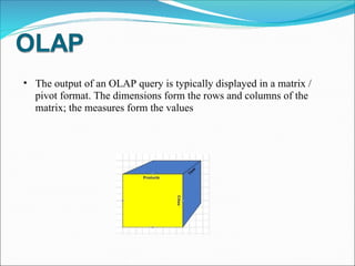 The output of an OLAP query is typically displayed in a matrix / pivot format. The dimensions form the rows and columns of the matrix; the measures form the values 