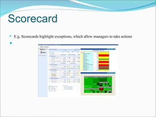 Scorecard <ul><li>E.g. Scorecards highlight exceptions, which allow managers to take actions </li></ul>