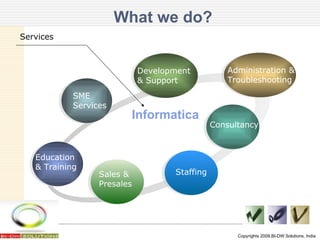 What we do? Copyrights 2009,BI-DW Solutions, India SME  Services Development & Support Administration & Troubleshooting Consultancy Education & Training Informatica Services Staffing Sales &  Presales 