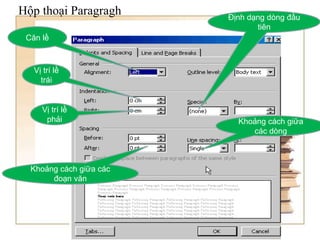 Khoảng cách giữa các
đoạn văn
Khoảng cách giữa
các dòng
Định dạng dòng đầu
tiên
Vị trí lề
phải
Vị trí lề
trái
Căn lề
Hộp thoại Paragragh
 