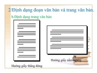 b.Định dạng trang văn bản
2/Định dạng đoạn văn bản và trang văn bản.
Hướng giấy thẳng đứng
Hướng giấy nằm ngang
 