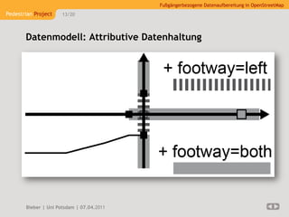 Fußgängerbezogene Datenaufbereitung in OpenStreetMap
Pedestrian Project    13/20




       Datenmodell: Attributive Datenhaltung




       Bieber | Uni Potsdam | 07.04.2011
 