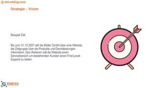 Strategie - Vision
Beispiel Ziel:
Bis zum 31.12.2021 will die Müller GmbH über eine Website,
die Zielgruppe über die Produkte und Dienstleistungen
informieren. Des Weiteren soll die Website einen
Servicebereich um bestehenden Kunden einen First-Level-
Support zu bieten.
 