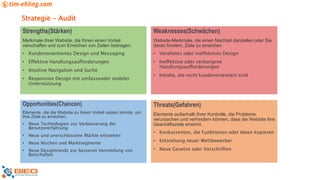 Strategie - Audit
Strengths(Stärken)
Merkmale Ihrer Website, die Ihnen einen Vorteil
verschaffen und zum Erreichen von Zielen beitragen.
• Kundenorientiertes Design und Messaging
• Effektive Handlungsaufforderungen
• Intuitive Navigation und Suche
• Responsive Design mit umfassender mobiler
Unterstützung
Weaknesses(Schwächen)
Website-Merkmale, die einen Nachteil darstellen oder Sie
daran hindern, Ziele zu erreichen
• Veraltetes oder ineffektives Design
• Ineffektive oder verborgene
Handlungsaufforderungen
• Inhalte, die nicht kundenorientiert sind
Opportunities(Chancen)
Elemente, die die Website zu ihrem Vorteil nutzen könnte, um
ihre Ziele zu erreichen.
• Neue Technologien zur Verbesserung der
Benutzererfahrung
• Neue und unerschlossene Märkte entstehen
• Neue Nischen und Marktsegmente
• Neue Designtrends zur besseren Vermittlung von
Botschaften
Threats(Gefahren)
Elemente außerhalb Ihrer Kontrolle, die Probleme
verursachen und verhindern können, dass die Website ihre
Geschäftsziele erreicht.
• Konkurrenten, die Funktionen oder Ideen kopieren
• Entstehung neuer Wettbewerber
• Neue Gesetze oder Vorschriften
 