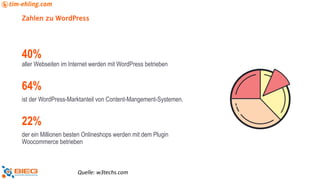 Zahlen zu WordPress
40%
aller Webseiten im Internet werden mit WordPress betrieben
64%
ist der WordPress-Marktanteil von Content-Mangement-Systemen.
22%
der ein Millionen besten Onlineshops werden mit dem Plugin
Woocommerce betrieben
Quelle: w3techs.com
 