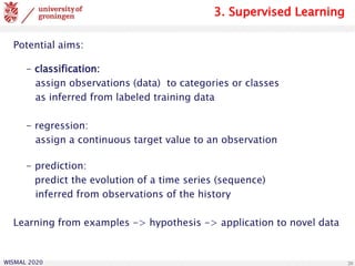 WISMAL 2020 20
3. Supervised Learning
Potential aims:
- classification:
assign observations (data) to categories or classes
as inferred from labeled training data
- regression:
assign a continuous target value to an observation
- prediction:
predict the evolution of a time series (sequence)
inferred from observations of the history
Learning from examples -> hypothesis -> application to novel data
 