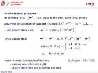 WISMAL 2020
sequential presentation of labelled examples
… the winner takes it all:
learning rate
many heuristic variants/modifications: [Kohonen, 1990,1997]
- learning rate schedules ηw (t)
- update more than one prototype per step
iterative training procedure:
randomized initial , e.g. close to the class-conditional means
LVQ1
LVQ1 update step:
 