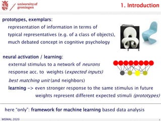 WISMAL 2020 4
1. Introduction
prototypes, exemplars:
representation of information in terms of
typical representatives (e.g. of a class of objects),
much debated concept in cognitive psychology
neural activation / learning:
external stimulus to a network of neurons
response acc. to weights (expected inputs)
best matching unit (and neighbors)
learning -> even stronger response to the same stimulus in future
weights represent different expected stimuli (prototypes)
here “only”: framework for machine learning based data analysis
 
