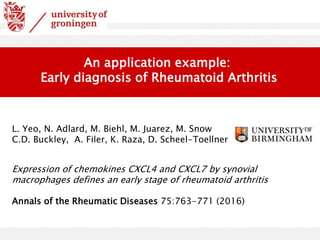 WISMAL 2020
An application example:
Early diagnosis of Rheumatoid Arthritis
Expression of chemokines CXCL4 and CXCL7 by synovial
macrophages defines an early stage of rheumatoid arthritis
Annals of the Rheumatic Diseases 75:763-771 (2016)
L. Yeo, N. Adlard, M. Biehl, M. Juarez, M. Snow
C.D. Buckley, A. Filer, K. Raza, D. Scheel-Toellner
 