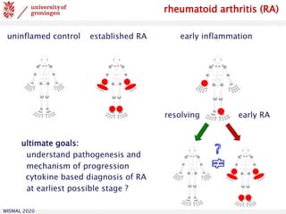 WISMAL 2020
uninflamed control established RA early inflammation
resolving early RA
cytokine based diagnosis of RA
at earliest possible stage ?
ultimate goals:
understand pathogenesis and
mechanism of progression
rheumatoid arthritis (RA)
 