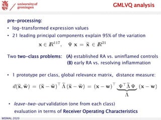 WISMAL 2020
GMLVQ analysis
pre-processing:
• log-transformed expression values
• 21 leading principal components explain 95% of the variation
Two two-class problems: (A) established RA vs. uninflamed controls
(B) early RA vs. resolving inflammation
• 1 prototype per class, global relevance matrix, distance measure:
• leave-two-out validation (one from each class)
evaluation in terms of Receiver Operating Characteristics
 