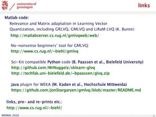 WISMAL 2020 51
http://matlabserver.cs.rug.nl/gmlvqweb/web/
Matlab code:
Relevance and Matrix adaptation in Learning Vector
Quantization, including GRLVQ, GMLVQ and LiRaM LVQ (K. Bunte):
http://www.cs.rug.nl/~biehl/
links
links, pre- and re-prints etc.:
No-nonsense beginners’ tool for GMLVQ:
http://www.cs.rug.nl/~biehl/gmlvq
Sci-Kit compatible Python code (B. Paassen et al., Bielefeld University)
http://github.com/MrNuggelz/sklearn-glvq
http://techfak.uni-bielefeld.de/~bpaassen/glvq.zip
Java plugin for WEKA (M. Kaden et al., Hochschule Mittweida)
https://github.com/JonStargaryen/gmlvq/blob/master/README.md
 