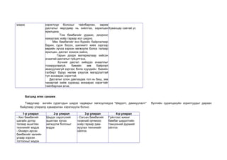 мэдэх хэрэглүүр болохыг тайлбарлан, зарим 
дасгалыг өөрсдөөр нь хийлгэж, харилцан 
ярилцана. 
Том бөмбөгийг урдаас, доороос 
хажуугаас хоёр гараар хол шиднэ. 
Мөн бөмбөгийг янз бүрийн байрлалаар 
барин, сууж босох, шилжилт хийх зэргээр 
өөрийн хүчээ хэрхэн хөгжүүлж болох талаар 
ярилцан, дасгал зохиож хийнэ. 
Гарын доорх материалаар хийсэн 
ачаатай дасгалыг гүйцэтгэнэ. 
Хүчний дасгал хийхдээ ачааллыг 
тохируулаагүй, биеийн зөв байрлал 
авахуулаагүй зэргээс болж хүүхдийн биеийн 
галбирт буруу нөлөө үзүүлэх магадлалтай 
тул анхаарах хэрэгтэй. 
Дасгалыг олон давтахдаа гол нь биш, зөв 
чанартай хийж сурахад анхаарах хэрэгтэйг 
тайлбарлаж өгнө. 
Хуванцар савтай ус 
Багшид өгөх санамж 
Тавдугаар ангийн сурагчдын шидэх чадварыг хөгжүүлэхдээ “Шидэлт, дамжуулалт” бүлгийн суралцахуйн зорилтуудыг дараах 
байдлаар улиралд хуваарилан хэрэгжүүлж болно. 
1-р улирал 2-р улирал 3-р улирал 4-р улирал 
- Хөл бөмбөгийг 
Шидэх хэрэгслийг 
- Сагсан бөмбөгийг 
шагайн дотор 
ашиглан хүчээ 
чээжний орчмоос 
талаар өшиглөх 
хөгжүүлж болохыг 
хоёр гараар дам- 
техникийг мэдэх 
мэдэх 
жуулах техникийг 
- Өнхөрч ирсэн 
ойлгох 
бөмбөгийг хөлийн 
улаар хэрхэн 
тогтоохыг мэдэх 
Гүйлтээс жижиг 
бөмбөг шидэлтийн 
тэмцээний дүрмийг 
ойлгох 
 