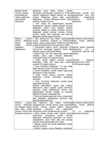 бөхийж шагай 
няслах, шүүрэх 
дасгалаар уян 
чанар, хөдөлгөө- 
ний эвслийг 
хөгжүүлэх 
дээрхтэй ижил байж болно. Үүнийг 
тоглохдоо шагайнуудыг хооронд нь 15-20 см 
зайтай цувруулан өрөөд хажууд нь явган 
суусан байдлаар урагш явж няслах 
байдлаар ч зохион байгуулж болно. Охид, 
хөвгүүд тусдаа тоглоно. 
- Уян чанар ба хөдөлгөөний эвслийг 
сайжруулах үүднээс хөлдөө зайтай зогссон 
байдлаас урагш тулж бөхийн шагайг 
няслана. Дараа нь хөлөө солибож зогссон 
байдлаас шагай няслаж тоглоно. Ингэж 
тоглож чадаж буй сурагчид энэ бэлтгэх 
байдлаас шагай шүүрч тоглоно. 
Нясалсан шагайг хол 
явуулахгүйн тулд янз 
бүрийн хэмжээний 
хашлага бэлтгэж 
хэрэглэнэ. 
Хэвтээ, суугаа, 
зогсоо байдлаас 
дурын аргаар 
шагай няслах 
чадвараа 
сайжруулах 
- Бие халаалтын үед гарын хуруунуудыг 
атгаж, тэнийлгэх, хооронд нь нийлүүлэн 
шахах, хурууг арагш дарж тэнийлгэх зэргээр 
шагай няслахад бэлтгэсэн дасгалыг хийнэ. 
- Хичээлийн үндсэн хэсэгт сурагчдыг 4-5 
тоглогчтой хэсгүүдэд хуваана. Хэсэг бүр 
өөрийн шагай, дэвсгэртэй байна. 
- Сурагч бүр “нэг төө” зайд хоёр шагай өрж 
тавиад, доош харж хэвтсэн байдлаас 
тэдгээрийг онож 8-10 удаа няслана. 
- Хоёр хөлөө гадагш нугалан суусан 
байдлаас “хоёр төө” зайд өрж тавьсан 
шагайг 8-10 удаа няслана. 
- Тулж тонгойсон байдлаас “1-2 төө” зайд 
өрж тавьсан шагайг 8-10 удаа няслана. 
- Хэвтээ байдлаас шагайг эрхий хуруугаар 
өөр рүүгээ татаж няслана. 
- Хоёр хөлөө гадагш нугалан суусан 
байдлаас шагайг долоовор хуруугаар 
няслана. 
- Тулж тонгойсон байдлаас шагайг дунд 
хуруугаар няслана. 
Эдгээр даалгаврыг сурагч бүр заавал 
биелүүлнэ. Багш тэдний шагай няслахыг 
ажиглан, ямар байрлалаас болон аль 
хуруугаараа няслах чадвар нь доогуур 
байгааг илрүүлж, зөвлөгөө өгнө. 
- Түүнчлэн зарим сурагчийг ялган, хоцрогдож 
буй чадварыг сайжруулах дасгалыг өөр 
дэвсгэр дээр хийлгэнэ. 
Бог малын шагай сурагч 
бүрд 10-аас цөөнгүй 
ширхэг 
Шагайг орхиж шидэхэд 
зориулсан 1х1 м 
хэмжээтэй дэвсгэр 6-8 
ширхэг 
“Биеийн тамирын 
багшийн ном-I” 2014. 
18-20 дугаар хуудас. 
Хэвтээ, суугаа, 
зогсоо байдлаас 
янз бүрийн хөдөл- 
гөөн хийж, шагай 
няслан тоглож бие 
бялдраа хөгжүүлэх 
Энэ зорилтыг хэд хэдэн хичээлээр 
шийдвэрлэнэ. Эхний хичээл дээр сурагчид 
шагай няслах талаар өмнөх мэдлэг, 
чадвараа сэргээсэн бол дараагийн 
хичээлээс эхлэн шагай няслаж тоглоно. 
- Багш өмнөх хичээл дээр хийсэн явцын 
үнэлгээнд тулгуурлан шагай няслах 
ойролцоо түвшинтэй сурагчдыг нэг хэсэгт 
хуваарилан, хэсэг бүрт өөр өөр аргаар 
шагай няслах даалгавар өгнө. Үүнд: 
- Зөвхөн хэвтээ ба суугаа байдлаас шагай 
няслан тоглоно. 
- Хэвтээ, суугаа, зогсоо байдлыг хослуулан 
Бог малын шагай сурагч 
бүрд 15-аас цөөнгүй 
ширхэг 
1х1 м хэмжээтэй 
дэвсгэр 6-8 ширхэг 
 