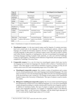 3

 Type of                         Intralingual                           Interlingual (cross-linguistic)
 analysis
 Number of                       Monolingual                                 Bilingual/multilingual
 languages                       (1 language)                                    (2+ languages)
 Corpus         (1) MONOLINGUAL         (2a) COMPARABLE           (2b) COMPARABLE        (3) PARALLEL
 design         1 corpus                2+ corpora                2+ corpora             2+ corpora
 Type           typical linguistic      translation-driven        translation-driven     translation corpus
                corpus                  corpus                    corpus
 Number of      1 language              1 language                2 or more languages 2 or more lan-
 languages                                                                               guages
 Corpus         non-translated lan-     translated versus         non-translated lan-    non-translated
 content        guage A                 non-translated lan-       guage A and B          language A aligned
                                        guage A                                          with translation
                                                                                         in B
 What may       legal language          translated language       differences and        translation process
 be exam-       against other genres    against non-translat-     similarities between
 ined                                   ed one                    languages

Table 1. Classiﬁcation of corpora for translation purposes

1. Monolingual corpus: it is the most typical corpus used by linguists. It contains non-trans-
   lated texts created only in one language. It involves intralingual analysis, within a single
   language, for example for descriptive purposes, but also to compare legal language against
   everyday language or other genres if a reference corpus is used. This type of corpus is mainly
   used within forensic linguistics or legilinguistics, but also in monolingual lexicography and
   in foreign language teaching to prepare study materials, as is the case with the Cambridge
   Corpus of Legal English, a 20-million-word collection of legal books and newspaper articles
   compiled by Cambridge University Press.

2. Comparable corpora: It is a set of at least two monolingual corpora which may involve
   one language (a) or at least two languages (b). Zanettin refers to them as “translation-driven
   corpora” since their design is motivated by translation research or training yet they do not
   contain source texts (STs) and corresponding target texts (TTs) (2000: 106).

     a. Monolingual comparable corpora: they contain a corpus of translations and a corpus
        of texts created spontaneously in the same language (non-translated language). The main
        object of analysis is how the translated language differs from the non-translated language
        (to be discussed later as the ‘textual ﬁt’). An example of such corpora is the Translational
        English Corpus at the University of Manchester. This type of corpora is used in transla-
        tion studies.

     b. Bilingual or multilingual comparable corpora: they do not contain translated language
        but spontaneously created texts in two different languages. It is a set of two monolingual
        corpora designed according to a similar criterion and is used for cross-linguistic analysis.
        In addition to translation studies, this type of corpora is typically associated with con-
        trastive and comparable linguistics. An example of comparable corpora is the BOnonia
        Legal Corpus, BoLC, at the University of Bologna, with the Italian legal subcorpus of
        33.5 m words and the English legal corpus of 21 m words1.



1 Data from the BoLC website: http://corpora.dslo.unibo.it/bolc_eng.html.
 