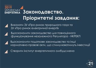 21
ЕНЕРГЕТИКА
УКРАЇНСЬКА
2019
прогноз
Законодавство.
Пріоритетні завдання:
Виконати ЗУ «Про ринок природного газу» та
ЗУ «Про ринок електричної енергії»
Вдосконалити законодавство для повноцінного
функціонування незалежного Регулятора - НКРЕКП
Вдосконалити податкове законодавство та інші
нормативно-правові акти, що стимулюватимуть інвестиції
Створити інститут енергетичного омбудсмена
 