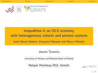 Motivation Model Calibration Results Appendix
Inequalities in an OLG economy
with heterogeneous cohorts and pension systems
(with Marcin Bielecki, Krzysztof Makarski and Marcin Waniek)
Joanna Tyrowicz
University of Warsaw and National Bank of Poland
Netspar Workshop 2015, Utrecht
1 / 36
 
