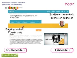 Studierende + Lehrende +
Bild TUbe
MOOC
Zugänglichkeit,
Flexibilität
Breitenwirksamkeit,
schneller Transfer
 