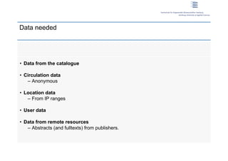 Data needed




 • Data from the catalogue

 • Circulation data
    – Anonymous

 • Location data
    – From IP ranges

 • User data

 • Data from remote resources
    – Abstracts (and fulltexts) from publishers.


15 | Dirk Lewandowski
 