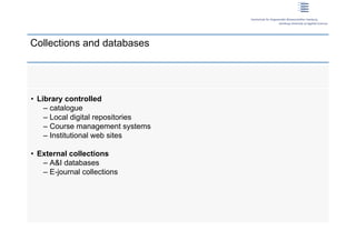 Collections and databases




 • Library controlled
     – catalogue
     – Local digital repositories
     – Course management systems
     – Institutional web sites

 • External collections
    – A&I databases
    – E-journal collections




16 | Dirk Lewandowski
 