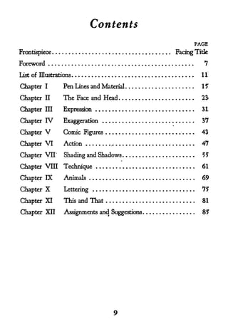 Contents
                                                       PAGE
Frontispiece                                    Facing Tide

Foreword                                                 7

List of Illustrations                                   11

Chapter    I     Pen Lines and Material                  15

Chapter    II    The Face and Head                      2J

Chapter    III    Expression                             31

Chapter    IV     Exaggeration                           37

Chapter   V       Comic Figures                         43

Chapter   VI      Action                                47

Chapter VII"      Shading and Shadows                    55

Chapter VIII      Technique                              61

Chapter IX        Animals                                69

Chapter    X      Lettering                              75

Chapter XI        This and That                          81

Chapter XII       Assignments and Suggestions            85
 