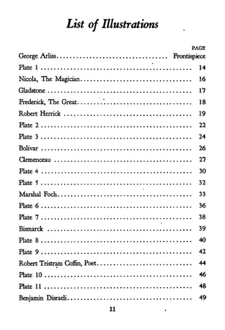 List of Illustrations

                                                          PAGE
George Arliss                                       Frontispiece
                                                "


Plate 1                                                      14

Nicola,     The Magician                                     16

Gladstone                                                    17

Frederick,    The Great             '.".                     18

Robert Herrick                                               19

Plate 2                                                      22

Plate 3                                                      24

Bolivar                                                      26

Qemenceau                                                    27

Plate   4                                                    30

Plate 5                                                      32

Marshal Foch                                                 33

Plate   6                                                    36

Plate 7                                                      38

Bismarck                                                     39

Plate 8                                                      40

Plate 9                                                      42

Robert Tristram    Coffin,   Poet                            44

Plate 10                                                     46

Plate 11                                                     48

Benjamin Disraeli                                            49
                                           11
 