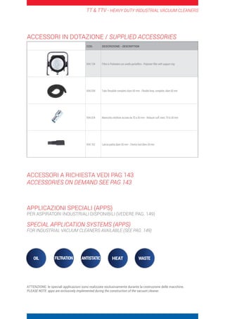 TT  TTV - HEAVY DUTY INDUSTRIAL VACUUM CLEANERS
COD. DESCRIZIONE - DESCRIPTION
004.134 Filtro in Poliestere con anello portafiltro - Polyester filter with support ring
004.038 Tubo flessibile completo diam.50 mm - Flexible hose, complete, diam.50 mm
004.024 Manicotto riduttore acciaio da 70 a 50 mm - Reducer cuff, steel, 70 to 50 mm
004.162 Lancia piatta diam.50 mm - Crevice tool diam.50 mm
ACCESSORI IN DOTAZIONE / SUPPLIED ACCESSORIES
ACCESSORI A RICHIESTA VEDI PAG 143
ACCESSORIES ON DEMAND SEE PAG 143
APPLICAZIONI SPECIALI (APPS)
PER ASPIRATORI INDUSTRIALI DISPONIBILI (VEDERE PAG. 149)
SPECIAL APPLICATION SYSTEMS (APPS)
FOR INDUSTRIAL VACUUM CLEANERS AVAILABLE (SEE PAG. 149)
ATTENZIONE: le speciali applicazioni sono realizzate esclusivamente durante la costruzione delle macchine.
PLEASE NOTE: apps are exclusively implemented during the construction of the vacuum cleaner.
 