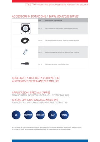TTX  TTXV - INDUSTRIAL VACUUM VLEANERS, ROBUST CONSTRUCTION
COD. DESCRIZIONE - DESCRIPTION
004.151 Filtro in Poliestere con anello portafiltro - Polyester filter with support ring
004.038 Tubo flessibile completo diam.50 mm - Flexible hose, complete, diam.50 mm
004.024 Manicotto riduttore acciaio da 70 a 50 mm - Reducer cuff, steel, 70 to 50 mm
004.162 Lancia piatta diam.50 mm - Crevice tool diam.50 mm
ACCESSORI IN DOTAZIONE / SUPPLIED ACCESSORIES
ACCESSORI A RICHIESTA VEDI PAG 143
ACCESSORIES ON DEMAND SEE PAG 143
APPLICAZIONI SPECIALI (APPS)
PER ASPIRATORI INDUSTRIALI DISPONIBILI (VEDERE PAG. 149)
SPECIAL APPLICATION SYSTEMS (APPS)
FOR INDUSTRIAL VACUUM CLEANERS AVAILABLE (SEE PAG. 149)
ATTENZIONE: le speciali applicazioni sono realizzate esclusivamente durante la costruzione delle macchine.
PLEASE NOTE: apps are exclusively implemented during the construction of the vacuum cleaner.
 