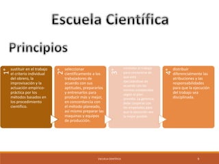 ESCUELA CIENTÍFICA 9 
1° 
sustituir en el trabajo 
el criterio individual 
del obrero, la 
improvisación y la 
actuación empírico-práctica 
por los 
métodos basados en 
los procedimiento 
científico. 
2° 
seleccionar 
científicamente a los 
trabajadores de 
acuerdo con sus 
aptitudes, prepararlos 
y entrenarlos para 
producir más y mejor, 
en concordancia con 
el método planeado, 
así mismo preparar las 
maquinas y equipos 
de producción. 
3° 
4°distribuir 
diferencialmente las 
atribuciones y las 
responsabilidades 
para que la ejecución 
del trabajo sea 
disciplinada. 
controlar el trabajo 
para cerciorarse de 
que está 
ejecutándose de 
acuerdo con las 
normas establecidas 
según el plan 
previsto. La gerencia 
debe cooperar con 
los empelados para 
que la ejecución sea 
la mejor posible. 
 