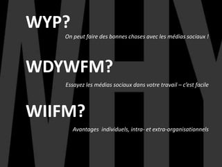 WYP?
WDYWFM?
WIIFM?
On peut faire des bonnes choses avec les médias sociaux !
Essayez les médias sociaux dans votre travail – c’est facile
Avantages individuels, intra- et extra-organisationnels
 