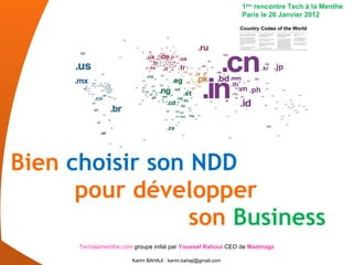Bien  choisir son NDD   pour développer    son  Business 1 ère  rencontre Tech à la Menthe Paris le 26 Janvier 2012 Techalamenthe.com  groupe initié par  Youssef Rahoui  CEO de  Madmagz 