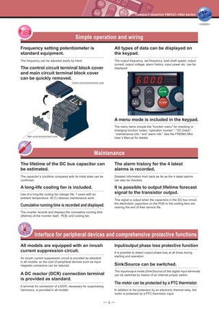 Simple operation and wiring
Frequency setting potentiometer is
standard equipment.
The frequency can be adjusted easily by hand.
A menu mode is included in the keypad.
A long-life cooling fan is included.
Cumulative running time is recorded and displayed.
The inverter records and displays the cumulative running time
(lifetime) of the inverter itself, PCB, and cooling fan.
Input/output phase loss protective function
It is possible to detect output phase loss at all times during
starting and operation.
Sink/Source can be switched.
The input/output mode (Sink/Source)of the digital input terminals
can be switched by means of an internal jumper switch.
The motor can be protected by a PTC thermistor.
In addition to the protection by an electronic thermal relay, the
motor is protected by a PTC thermistor input.
The control circuit terminal block cover
and main circuit terminal block cover
can be quickly removed.
- 5 -
Maintenance
Interface for peripheral devices and comprehensive protective functions
Control circuit terminal block cover
Main circuit terminal block cover
All types of data can be displayed on
the keypad.
The output frequency, set frequency, load shaft speed, output
current, output voltage, alarm history, input power etc. can be
displayed.
The lifetime of the DC bus capacitor can
be estimated.
The capacitor
,
s condition compared with its initial state can be
confirmed.
All models are equipped with an inrush
current suppression circuit.
An inrush current suppression circuit is provided as standard
in all models, so the cost of peripheral devices such as input
magnetic contactors can be reduced.
A DC reactor (DCR) connection terminal
is provided as standard.
A terminal for connection of a DCR, necessary for suppressing
harmonics, is provided in all models.
The alarm history for the 4 latest
alarms is recorded.
Detailed information from back as far as the 4 latest alarms
can also be checked.
It is possible to output lifetime forecast
signal to the transistor output.
This signal is output when the capacitors in the DC bus circuit,
the electrolytic capacitors on the PCB or the cooling fans are
nearing the end of their service life.
,,,,
,,,, ,,,,
Use of a long-life cooling fan (design life: 7 years with an
ambient temperature: 40 C) reduces maintenance work.
The menu items include the function menu for checking or
changing function codes, operation monitor , I/O check ,
maintenance info. and alarm info. See the FRENIC-Mini
User
,
s Manual for details.
,, ,, ,,,,
 