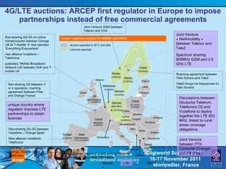 4G/LTE auctions: ARCEP first regulator in Europe to impose partnerships instead of free commercial agreements Discussions between Deutsche Telekom, Telefonica O2 and Vodafone to deploy together the LTE 800 MHz, linked to rural areas coverage obligations.  Joint Venture « Net4mobility » between Telenor and Tele2 Spectrum sharing 900MHz GSM and 2.6 GHz LTE unique country where regulator imposes LTE partnerships to obtain licences Ran-sharing 3G between 3 or 4 operators, roaming agreement between Free and Orange France Ran-sharing 2G-3G between Vodafone – Orange Spain New alliance Vodafone-Telefonica TGV lines shared between Orange, Vodafone and Telefonica Ran-sharing 2G-3G on active infrastructures between Orange UK et T-mobile    new operator ‘Everything Everywhere’ new alliance Vodafone – Telefonica subsidary ‘Mobile Broadband Network Ltd’ between 3UK and T-mobile UK Joint Venture 3GIS between Telenor and H3G Roaming agreement between Telia Sonera and Tele2 Tele2 brings his frequencies to Telia Sonera Joint Venture between PTK Centertel (Orange) and P4 (Play) LTE 2G-3G Alliances Source : Orange, based on public announcements, no commitment on updated information 