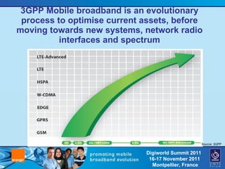 3GPP Mobile broadband is an evolutionary process to optimise current assets, before moving towards new systems, network radio interfaces and spectrum Source: 3GPP   