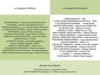 11 Espaços Públicos 17 espaços Particulares VIDA EXPANDIDA – Casa de Cultura Mário Quintana COTIDIANO - Casa de Cultura Mário Quintana BANDO DE BARRO 1, 2, 3, 4 – Arquivo Público do Estado O LIVRO DAS TENTAÇÕES - Arquivo Público do Estado INTIMIDADES - Arquivo Público do Estado IMAGENS ANCESTRAIS – Museu Júlio de Castilhos TRABALHOS PORTA-RETRATOS- Tribunal de Contas ARTE NA FACED – FACED SUPERFÍCIE (Pelotas) – Assembléia Legislativa ÁGUA, ALEGRIA E DRAMA – DMAE PROJETO CONSTRUÇÕES – Atelier Livre FRAGMENTOS E REFLEXOS – Parque Farroupilha CUBO ESTÉTICA DE RODOVIÁRIA – Estação Rodoviária PROJETO CIRCULAR (Novo Hamburgo) – Teatro Túlio Piva EMPILHÁVEIS III – IAB A COR COMO EXPERIÊNCIA ESTÉTICA -  Nieto E OS ÁGUIAS POUSARAM... – Sede Águias NEOPICTORIALISMO – Agência de Leilões POA EU SEI DE COR – Aliança Francesa FERRO E FOGO – Atelier Ferro e Fogo MAIS PAREDE, MAIS PINTURA – Galeria Delphus VEJO LINDAS IMAGENS – Grêmio Náutico União PISCINA, IMERSÕES CRIATIVAS – Galeria Gravura PAISAGENS TRANSITÓRIAS – Casa dos Bancários ARTE DA BOEMIA – Atelier 512 LINHAS DE TRABALHO – Atelier Linhas de Trabalho QUADROS POR QUADRA – Espaço Cultural NT BALA SEM DOCE (Gramado) – Espaço Artemim O FIO CONDUTOR – Letras & Cia {  [ VAZIO ]  } – Galeria Arte&Fato REVELAÇÔES – Galeria Paulo Capelari Grupos Convidados COLETIVO arq_tipo – Largo Glênio Peres GRUPPO SINESTETICO (Roma, IT) – FAROL: Observatório de Arte 