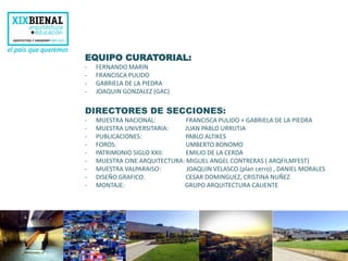 EQUIPO CURATORIAL: 
- FERNANDO MARIN 
- FRANCISCA PULIDO 
- GABRIELA DE LA PIEDRA 
- JOAQUIN GONZALEZ (GAC) 
DIRECTORES DE SECCIONES: 
- MUESTRA NACIONAL: FRANCISCA PULIDO + GABRIELA DE LA PIEDRA 
- MUESTRA UNIVERSITARIA: JUAN PABLO URRUTIA 
- PUBLICACIONES: PABLO ALTIKES 
- FOROS: UMBERTO BONOMO 
- PATRIMONIO SIGLO XXII: EMILIO DE LA CERDA 
- MUESTRA CINE ARQUITECTURA: MIGUEL ANGEL CONTRERAS ( ARQFILMFEST) 
- MUESTRA VALPARAISO: JOAQUIN VELASCO (plan cerro) , DANIEL MORALES 
- DISEÑO GRAFICO: CESAR DOMINGUEZ, CRISTINA NUÑEZ 
- MONTAJE: GRUPO ARQUITECTURA CALIENTE 
 