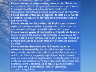 Felices quienes se comprometen, como lo hizo Jesús, en
curar, aliviar, liberar, integrar y dar valor a cada persona con
la que nos encontremos, especialmente con las más
marginadas y humilladas a las que debemos salir al encuentro.
Felices quienes creen que el Espíritu de Dios es la fuerza,
el aliento, la audacia y la profecía para emprender cada día
una nueva vida.
Felices quienes ven las señales del Espíritu en cualquier
signo que muestre semillas de fraternidad, de ternura, de
acercamiento, de superación del sufrimiento, de paz.
Felices quienes gozan al contemplar el Espíritu de Dios que
se cierne sobre los océanos, las montañas, los animales, las
flores y sobre el ser humano, que llegan a ser ellos mismos en
profundidad cuando se dejan amar por Él entre las sábanas
del alma.
Felices quienes descubren que la Trinidad no es un
misterio incomprensible, sino la cotidiana experiencia del
Amor, desde una vida encarnada en nuestra historia, con un
respiro, un ánimo y una pasión especial por seguir viviendo
cada día con los mismos sentimientos de Jesús, junto a tanta
gente en toda nuestra tierra que trabaja por otro mundo más
fraterno, justo y solidario. Es el espejo que nos muestra
cómo debe ser y comportarse la mejor comunidad.
Miguel Ángel Mesa
 