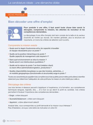 Bien chercher un emploi8
Fiche pratique
La candidature idéale : une démarche ciblée
Bien décoder une offre d’emploi
Pour postuler à une offre, il faut avant toute chose bien savoir la
décrypter, comprendre la mission, les attentes du recruteur et les
compétences demandées.
Le décryptage d’une offre d’emploi doit tenir compte de la taille et du secteur
d’activité de l’entité qui recrute. De manière générale, plus la structure est
importante, et moins les critères de sélection sont ouverts.
Comprendre la mission exacte
• Quels sont le degré d’autonomie et/ou de capacité à travailler
en équipe nécessaires pour ce poste ?
• Quelle est la position hiérarchique du poste ?
Quelle capacité de management cela requiert-il ?
• Dans quel environnement se situe la mission ?
Quels seront vos interlocuteurs quotidiens ?
• Quelle est la nature du poste ? en front (relation client)
ou back office (administration/gestion, production) ?
• Quelles disponibilités (souplesse ou pas des horaires, astreintes,...)
et mobilité géographique (fonctionnelle et structurelle) exige le poste ?
Toutescescaractéristiquesappellentdescompétencesetdesqualitéspersonnellesparticulièresàidentifier
clairement pour déterminer l’adéquation de votre profil pour la mission et votre intérêt pour celle-ci.
Décryptage des critères
Les trois termes ci-dessous peuvent s’appliquer à l’expérience, à la formation, aux compétences
techniques (langues, logiciels, etc), ... et à tout ce qui décrit le profil du candidat. Ces critères
permettent d’évaluer l’importance des compétences demandées :
• Exigé : critère bloquant
• Souhaité/idéalement : critère semi-bloquant
• Apprécié : critère déterminant sélectif
Analyse faite, vous correspondez au profil demandé et la mission vous intéresse ?
Pas d’hésitation, envoyez votre lettre de motivation et votre CV.
 