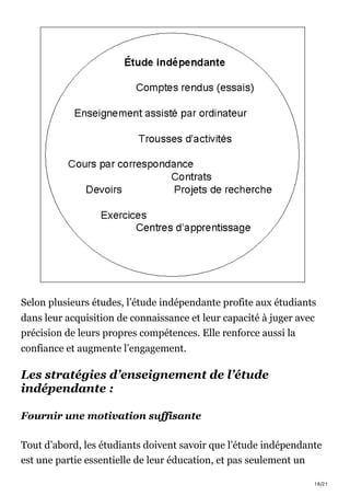 18/21
Selon plusieurs études, l’étude indépendante profite aux étudiants
dans leur acquisition de connaissance et leur capacité à juger avec
précision de leurs propres compétences. Elle renforce aussi la
confiance et augmente l’engagement.
Les stratégies d’enseignement de l’étude
indépendante :
Fournir une motivation suffisante
Tout d’abord, les étudiants doivent savoir que l’étude indépendante
est une partie essentielle de leur éducation, et pas seulement un
 