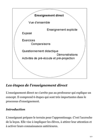 3/21
Les étapes de l’enseignement direct
L’enseignement direct ne s’arrête pas au professeur qui explique un
concept. Il comprend 6 étapes qui sont très importantes dans le
processus d’enseignement.
Introduction
L’enseignant prépare le terrain pour l’apprentissage. C’est l’accroche
de la leçon. Elle vise à impliquer les élèves, à attirer leur attention et
à activer leurs connaissances antérieures.
 