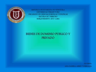 REPUBLICA BOLIVARIANA DE VENEZUELA
UNIVERSIDAD FERMIN TORO
DECANATO DE CIENCIAS JURIDICAS Y POLITICAS
ESCUELA DE DERECHO
BARQUISIIMETO, EDO-LARA
BIENES DE DOMINIO PUBLICO Y
PRIVADO
ALUMNA:
ANA DANIELA ABREU TORREALBA
 