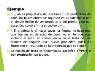 Ejemplo
 Si juan es propietario de una finca rural productora de
café, los frutos obtenidos ingresan en su patrimonio por
el simple hecho de ser propietario del predio y no por
accesión, como afirma el código civil.
 « El propietario al hacer suyos los frutos, no hace mas
que ejercer su derecho de dominio, en le que esta
incluido el goce, en consecuencia no se trata de una
manera de adquirir una nueva propiedad, pues los
frutos son el resultado de la propiedad que se tiene»
 La noción de fruto es denominada accesión directa o
por producción de frutos.
 