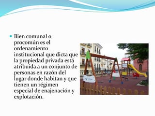  Bien comunal o
procomún es el
ordenamiento
institucional que dicta que
la propiedad privada está
atribuida a un conjunto de
personas en razón del
lugar donde habitan y que
tienen un régimen
especial de enajenación y
explotación.
 